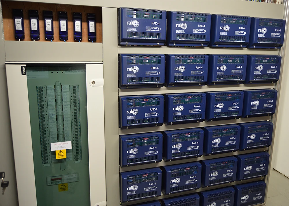 Rako RAK-4 lighting-control modules beside the distribution board