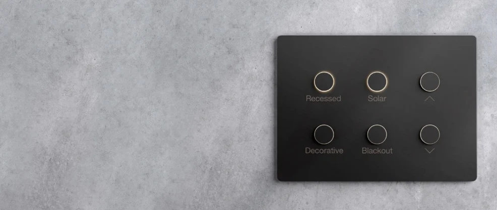 Lutron keypad mounted on a dark feature wall