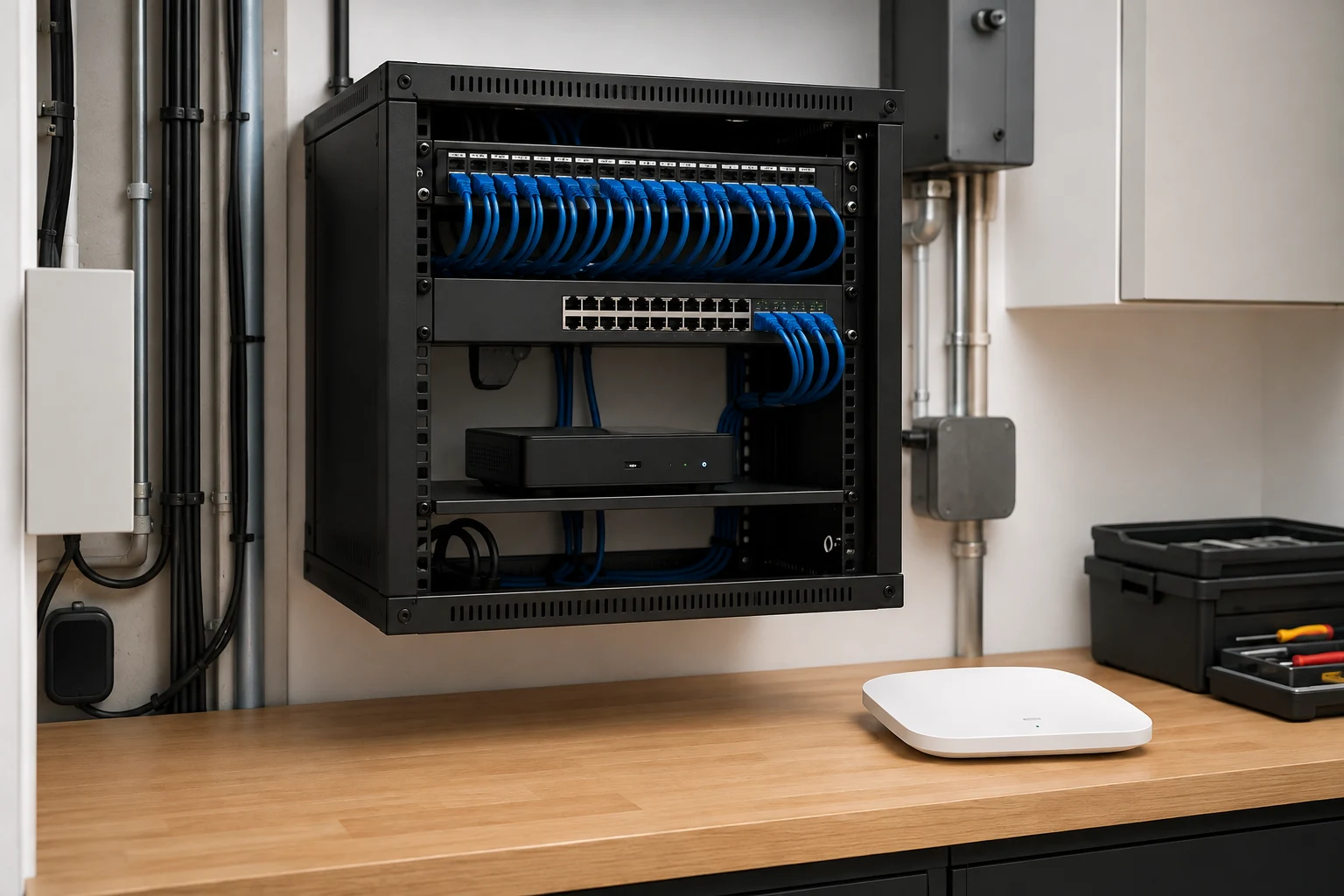 Managed network rack and wireless access point