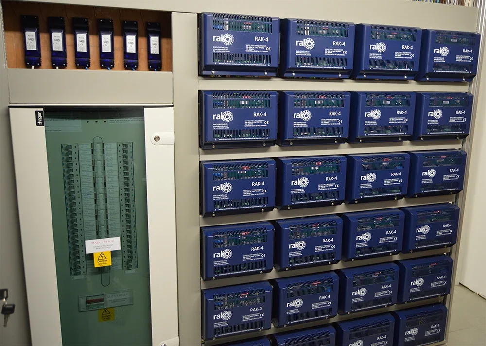 Rako lighting-control equipment arranged in a rack