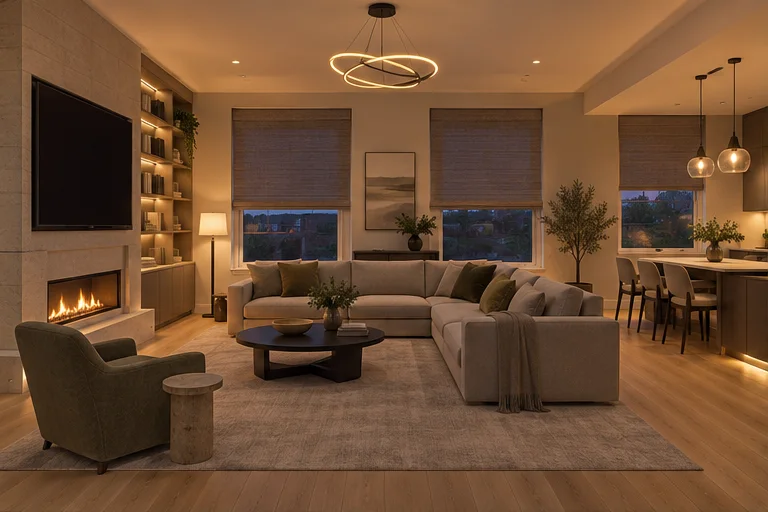 Design illustration: the same living room in its evening setting.