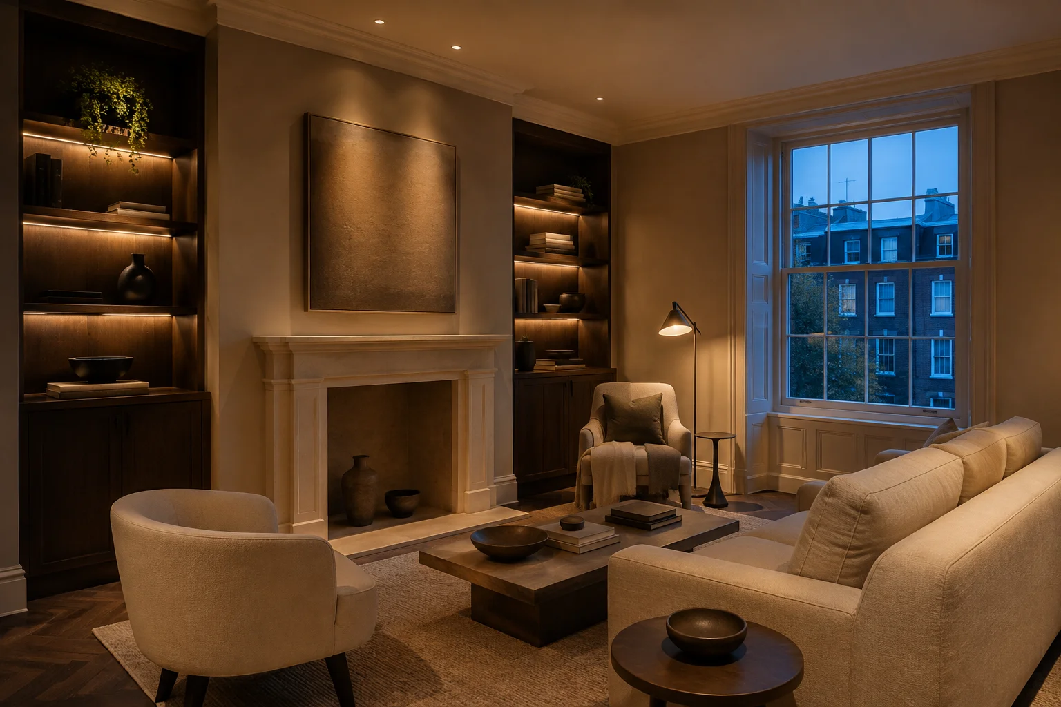 Layered architectural and decorative lighting in a London drawing-room concept