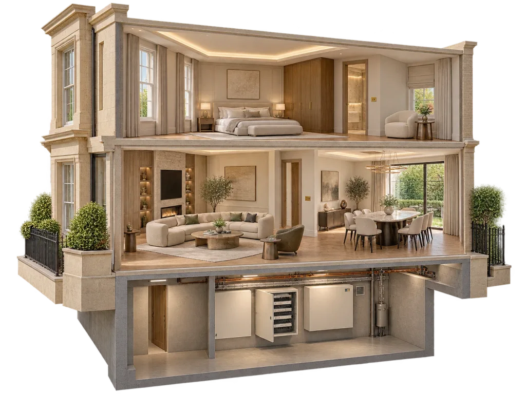 Design illustration of a finished cutaway home with lighting, shading and entertainment spaces.