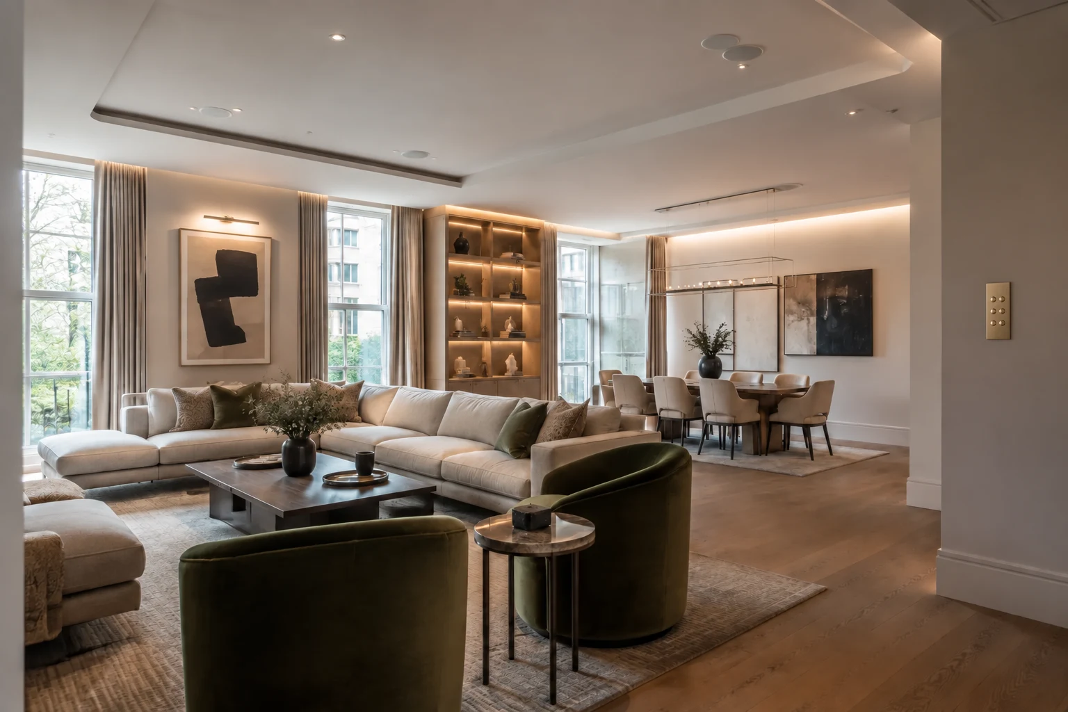 Regent’s Park apartment interior with a satin-brass lighting keypad