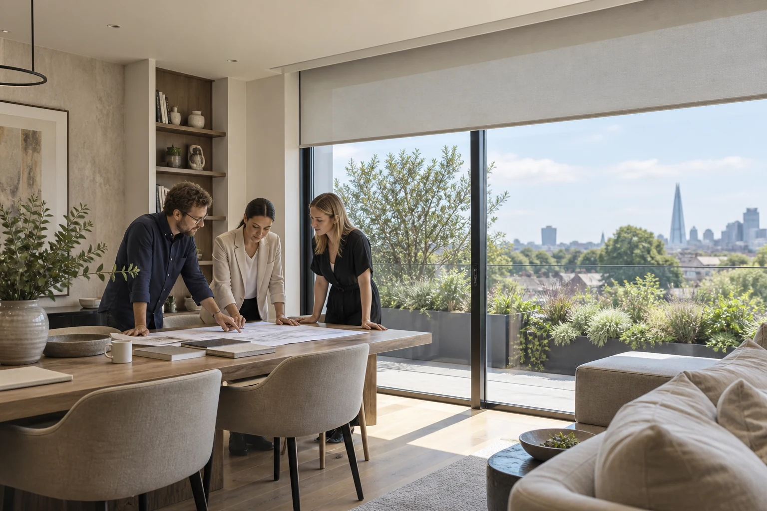 Design team reviewing drawings for motorised blinds, shading pockets and controls in a London home.