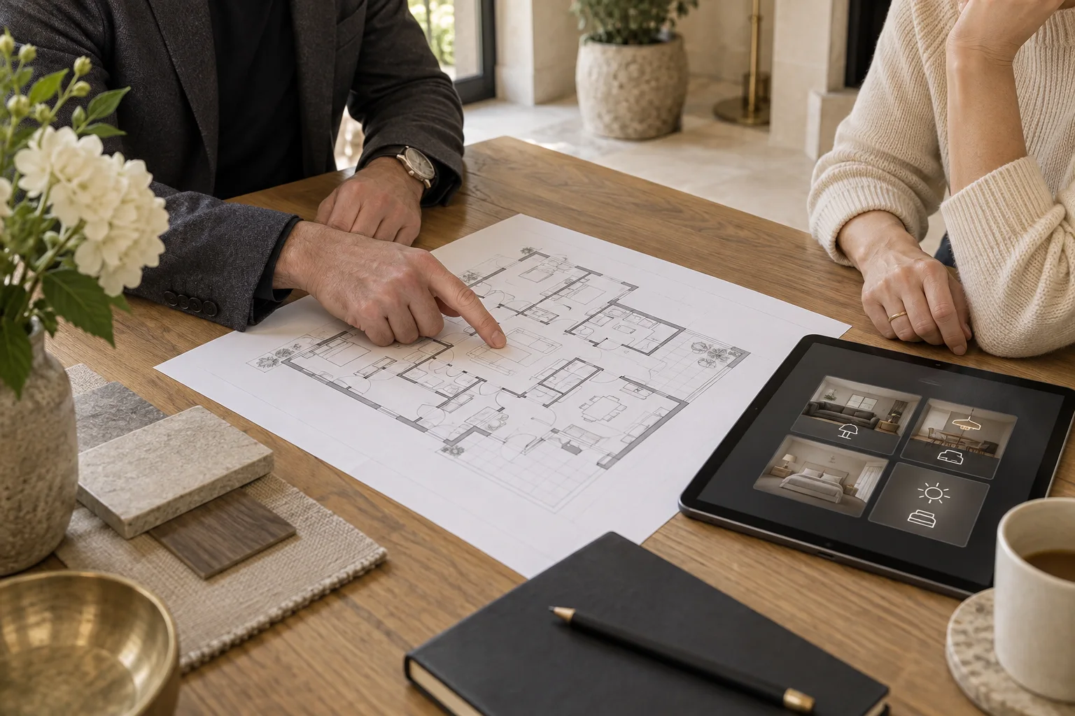 Illustration of a home-technology consultation with floor plans and room controls