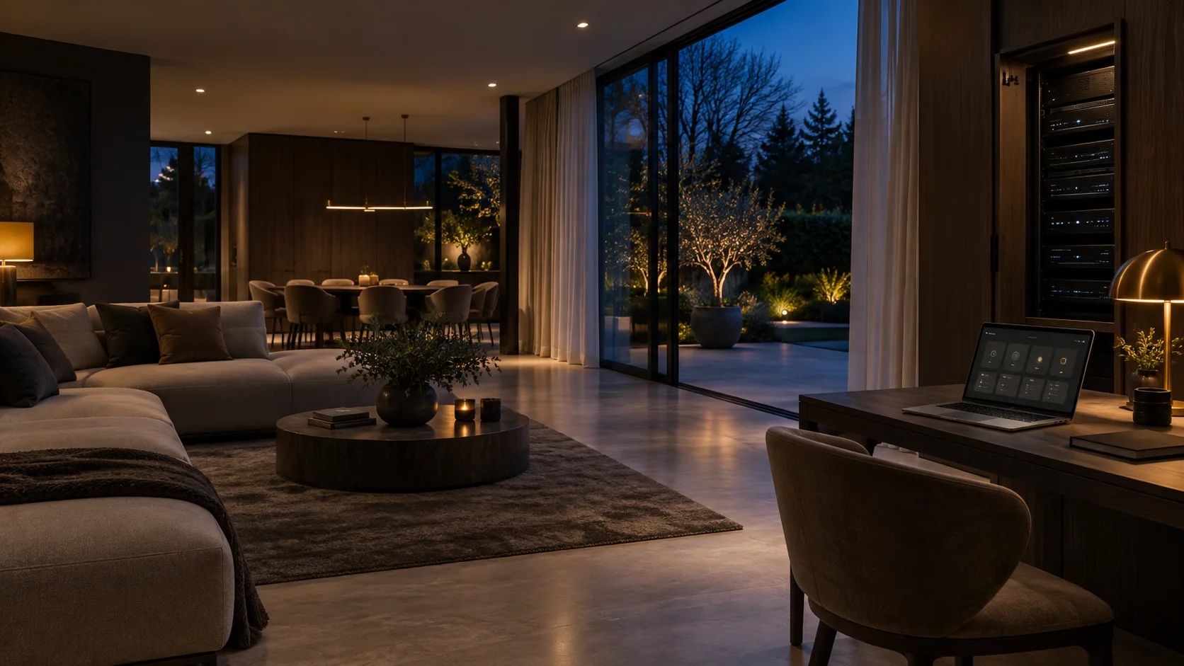 Illustration of a luxury home with discreet AV equipment and a monitoring laptop