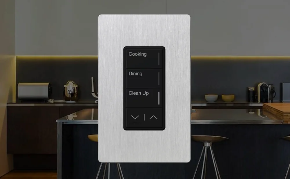 Wall-mounted Lutron lighting keypad