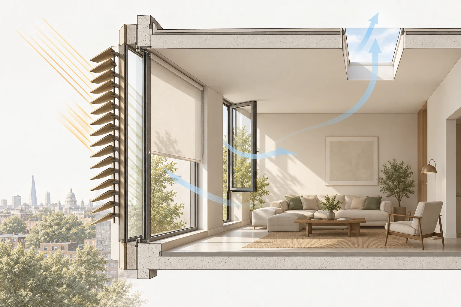 Architectural illustration showing external shading, an internal motorised blind, opening windows and rooflight ventilation in a London home.