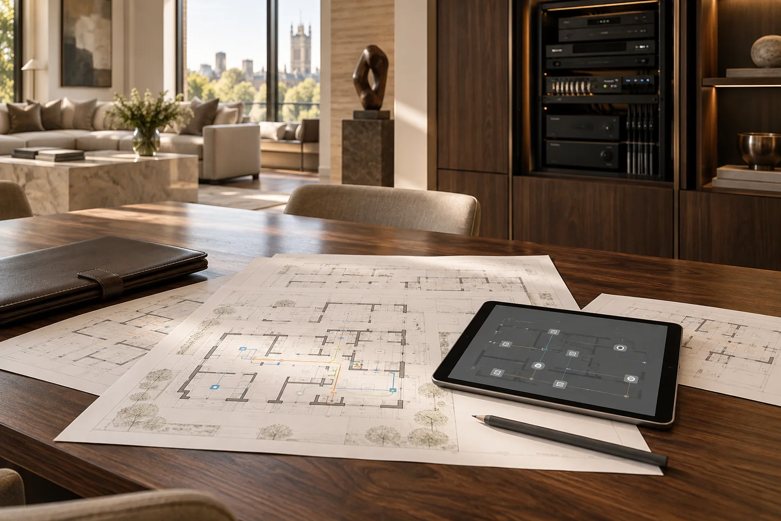 System-planning illustration with room plans, a tablet and an AV rack
