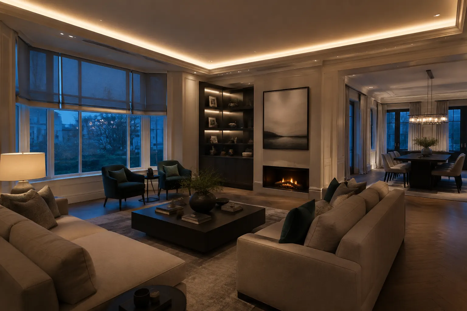 Hampstead living space with layered lighting and automated shades