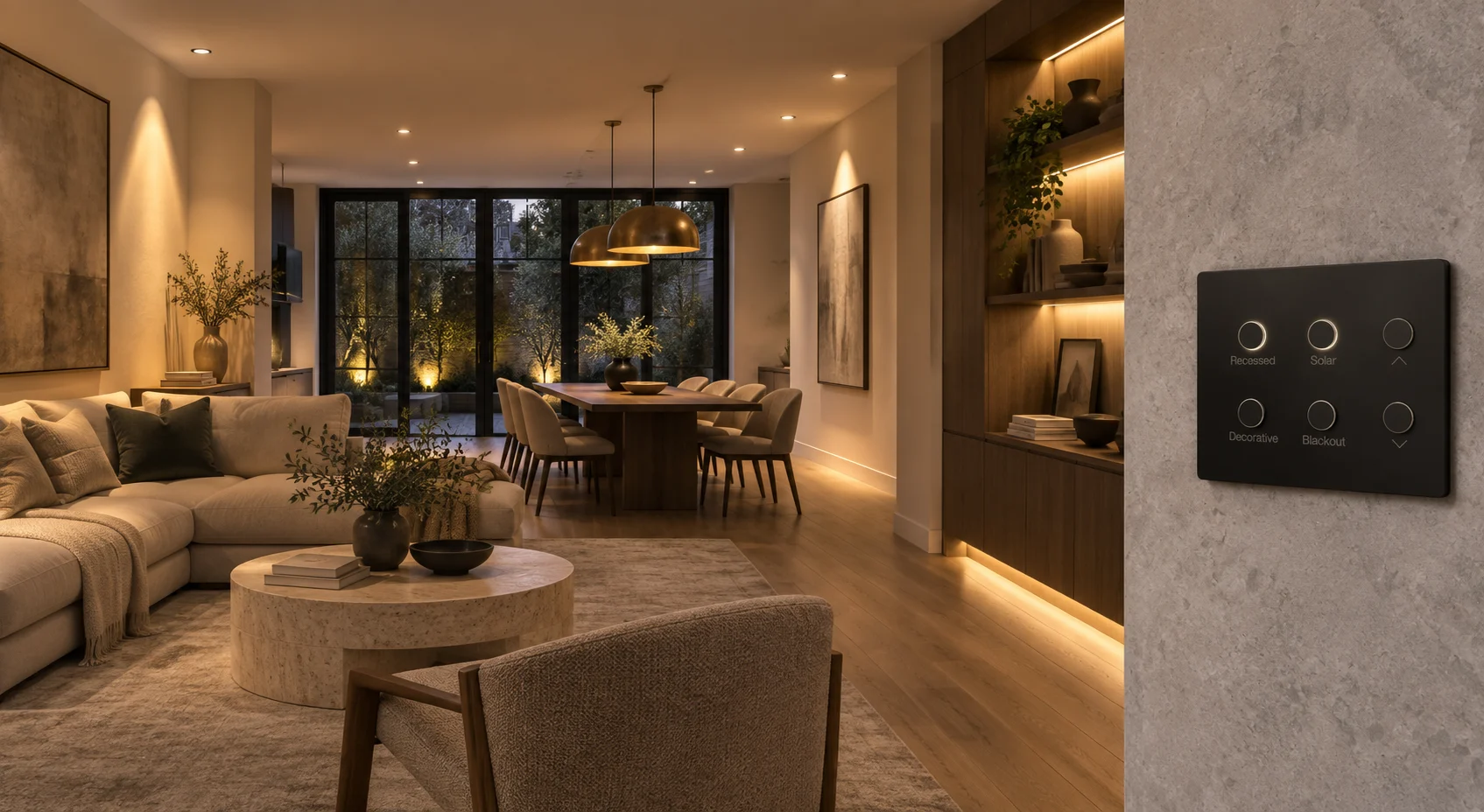 Lutron Alisse keypad beside a London living and dining room with layered lighting