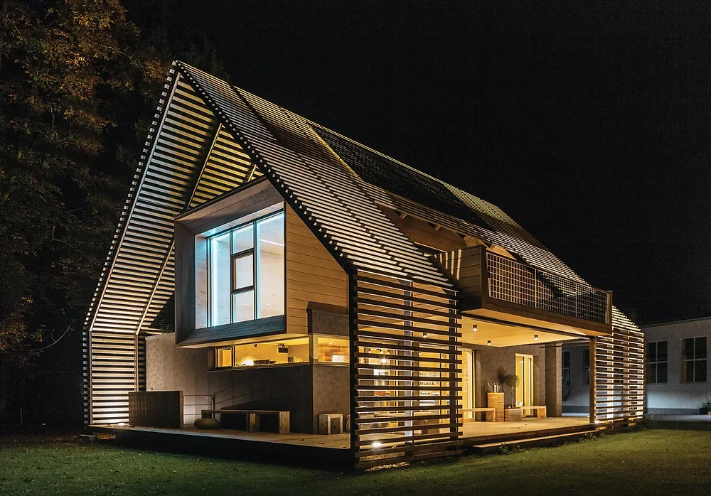 Timber-clad house shown as an architectural illustration