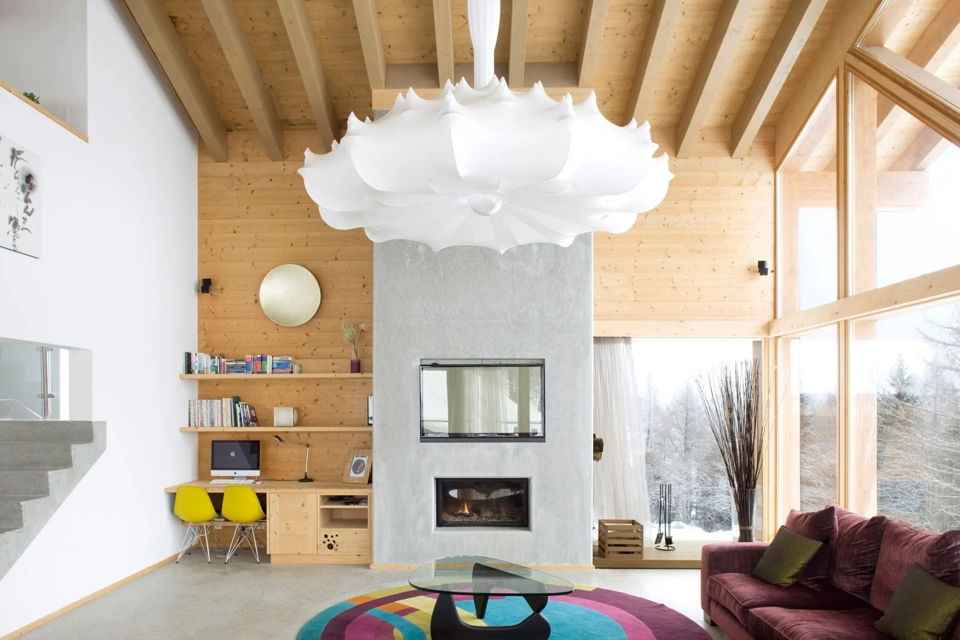 Verbier chalet lounge with statement pendant lighting