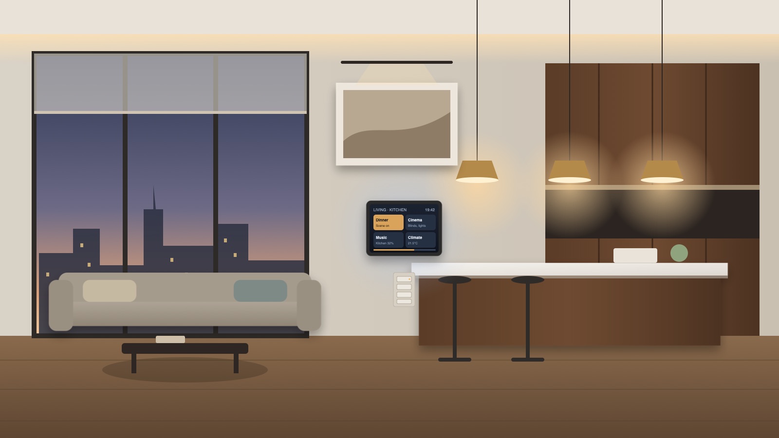 Illustration of a Control4 touch panel showing lighting scenes in an open-plan living and kitchen space