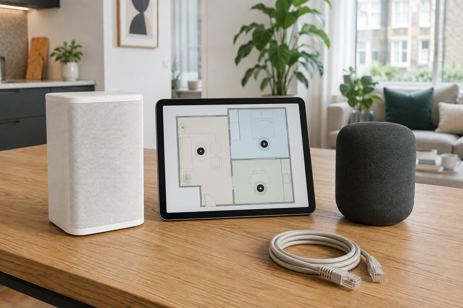 AI-generated illustration of wireless speakers and multi-room audio setup