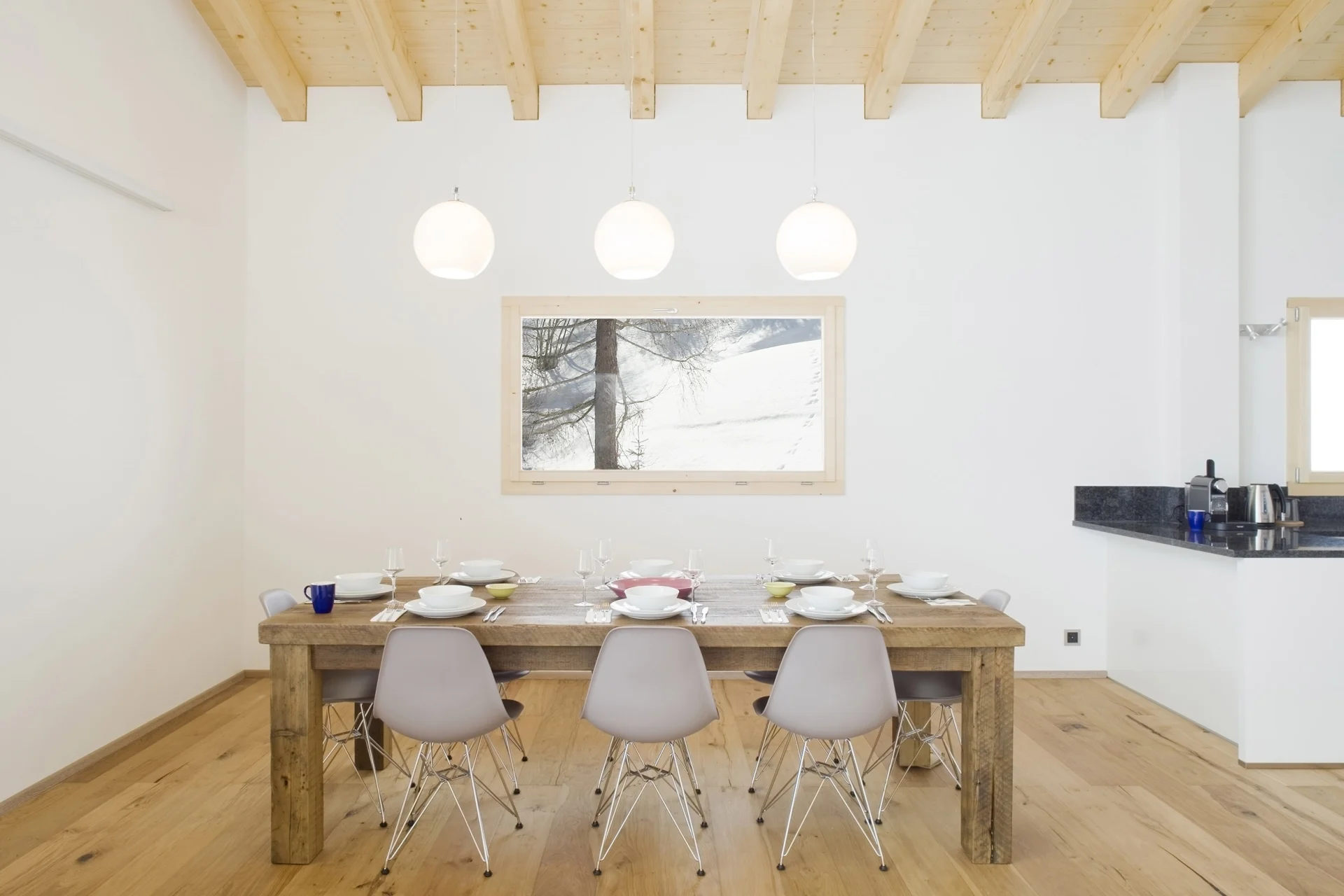 Swiss chalet dining room with pendant lighting