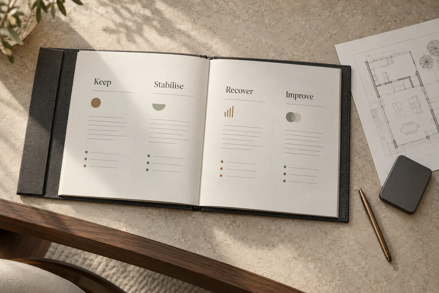 Illustrative takeover report with Keep, Stabilise, Recover and Improve sections