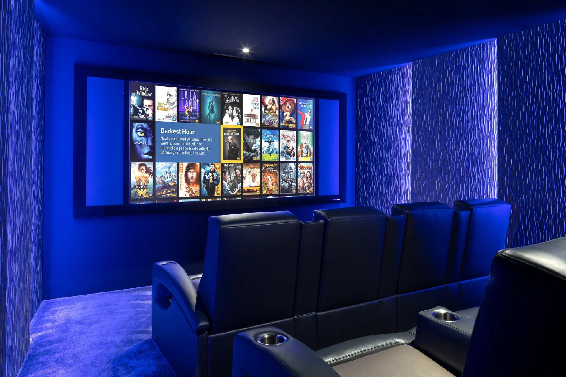 Dedicated cinema room with blue accent lighting