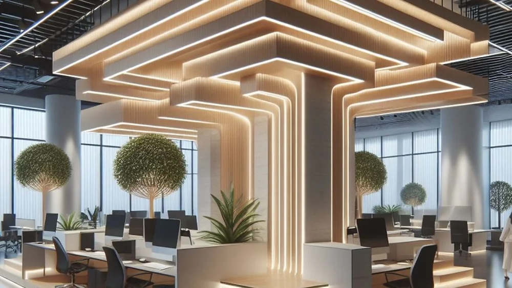 Office concept with geometric suspended ceiling lighting