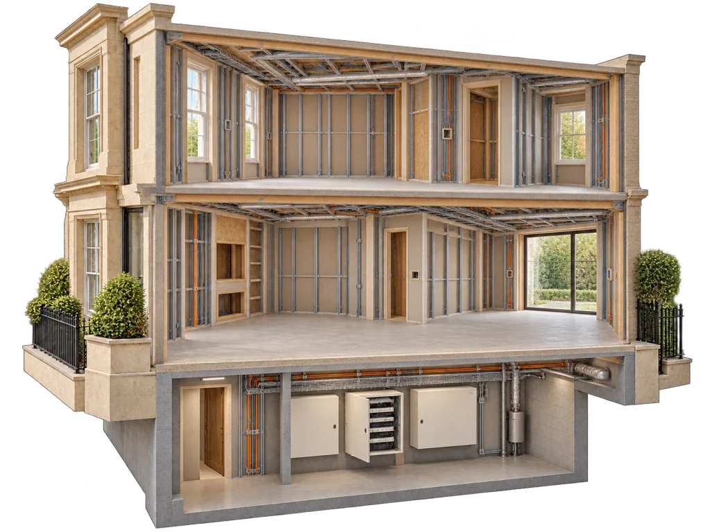 Design illustration of cable provision in an unfinished cutaway home.