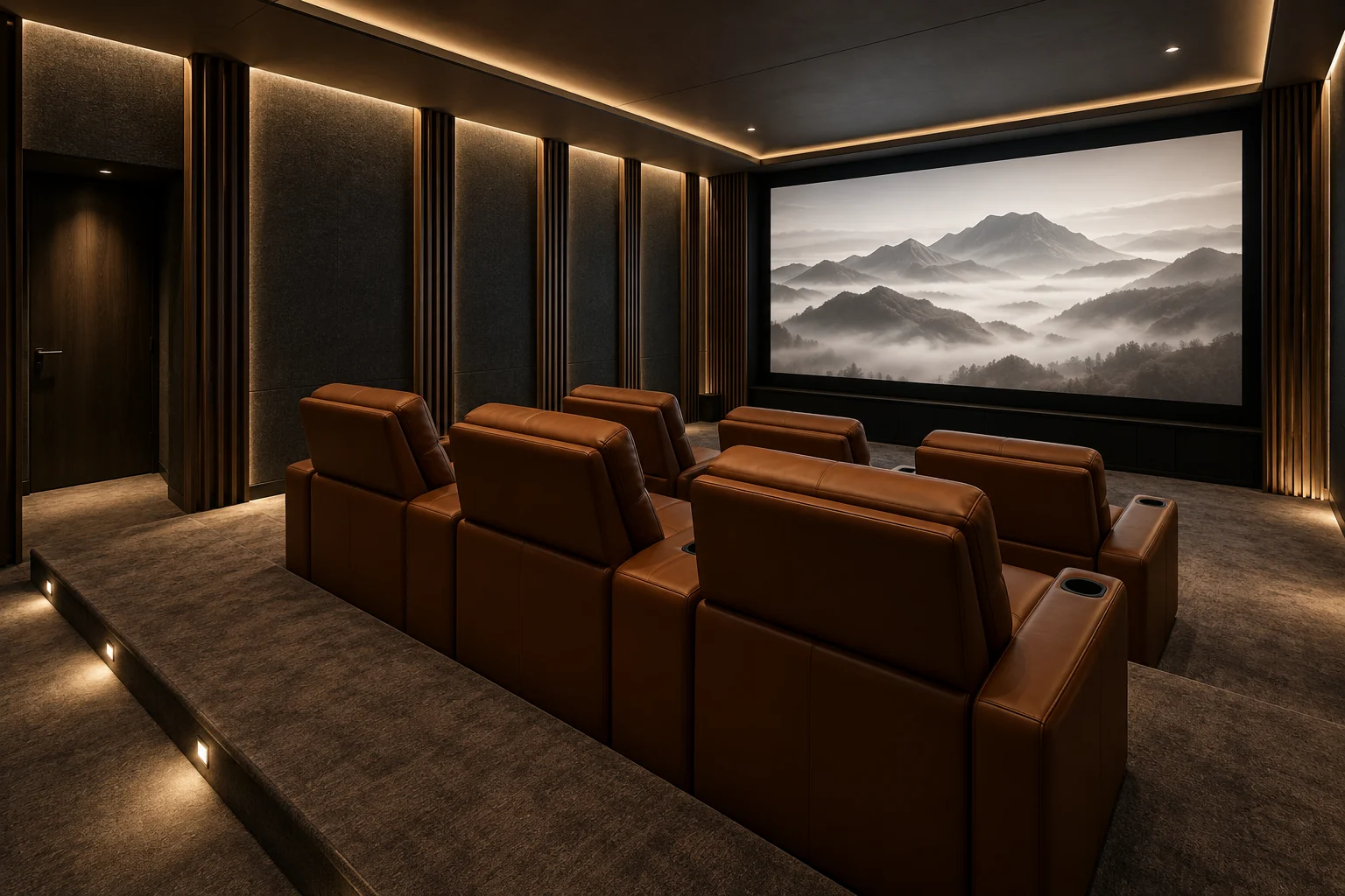 Architectural concept: private cinema with leather seating, projection screen and concealed lighting