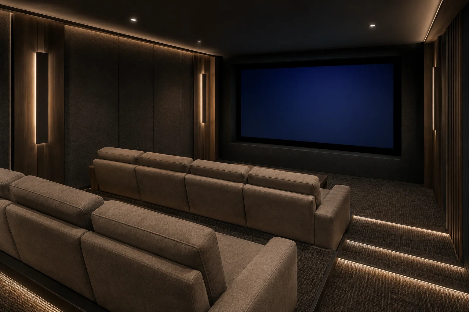 Dedicated cinema concept with tiered seating, acoustic wall finishes and low-level lighting