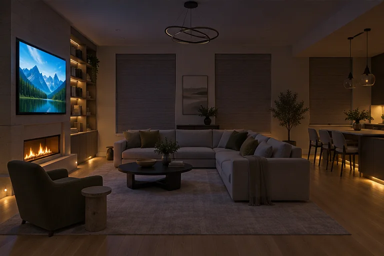 Design illustration: the same living room in its cinema setting.