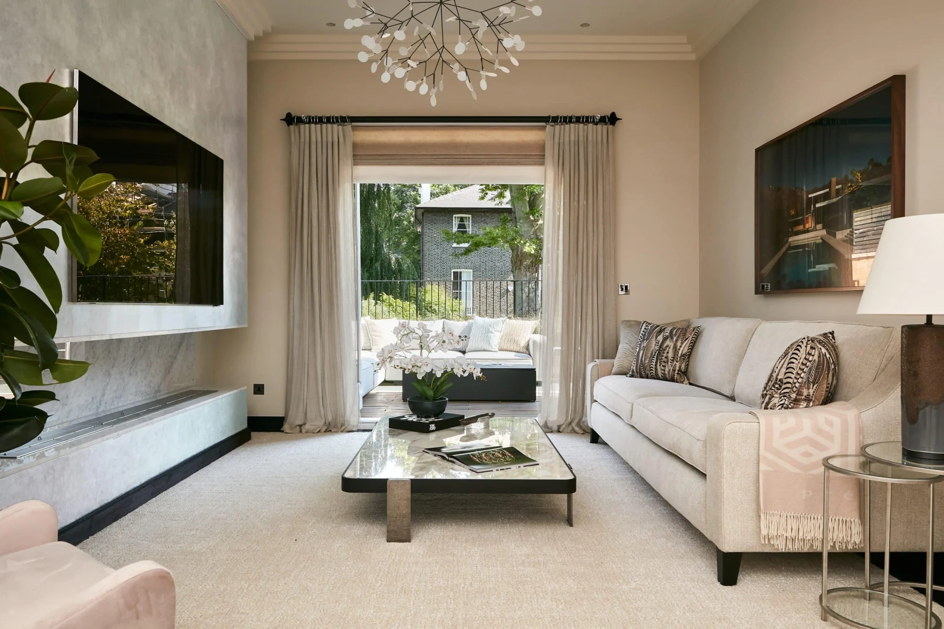 Bright living room designed as a media space