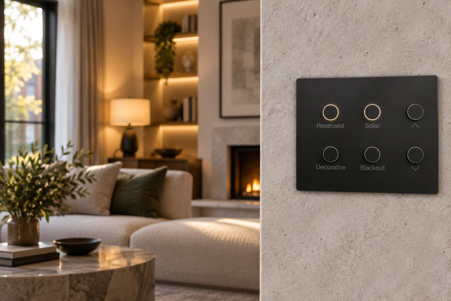 Engraved Lutron Alisse scene keypad beside a warmly lit sitting room