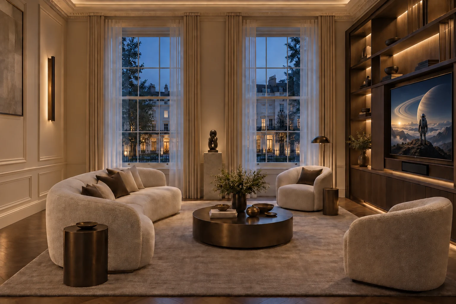 Residential design concept with layered lighting and an original science-fiction scene on the television