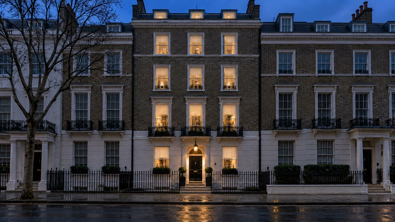 AI-produced concept of a London townhouse with warm interior lighting and descending blinds