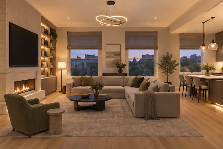 Design illustration: the same living room in its entertain setting.