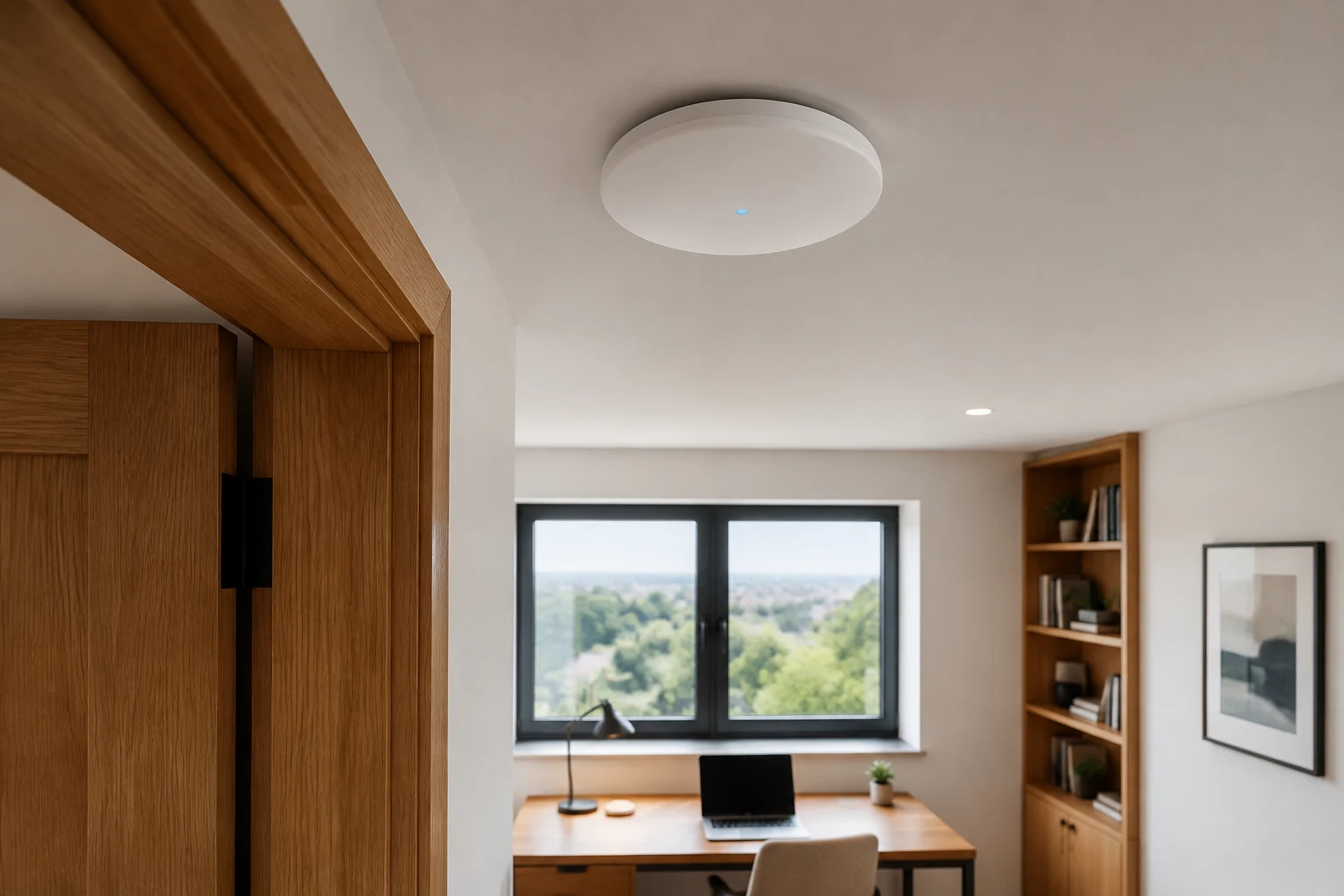 AI-generated illustration of a ceiling-mounted home Wi-Fi access point