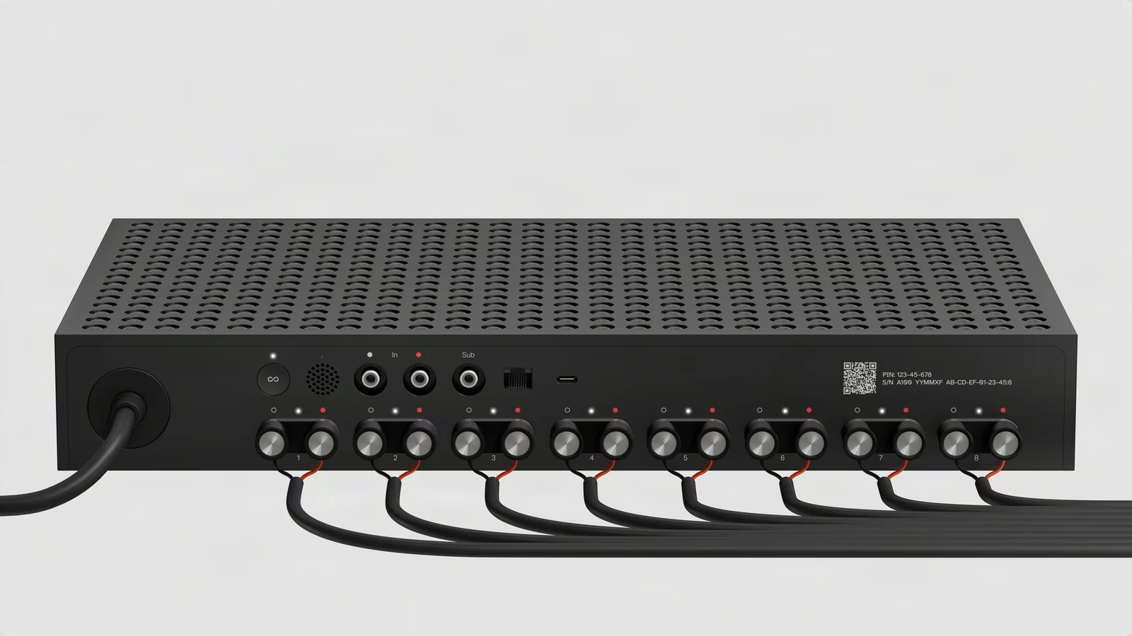 Rear of Sonos Amp Multi showing eight wired speaker outputs, audio connections and Ethernet port
