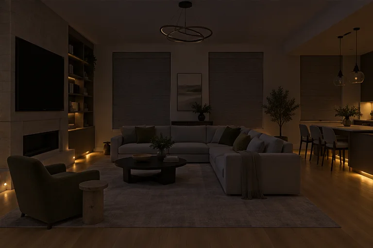 Design illustration: the same living room in its goodnight setting.