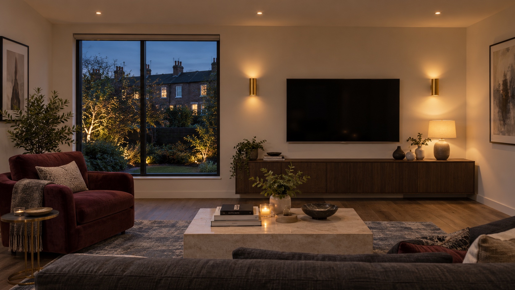 Illustrated living room with layered lighting