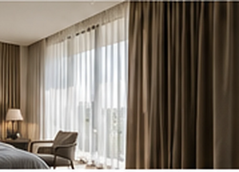 Full-height motorised curtains across a wide window opening