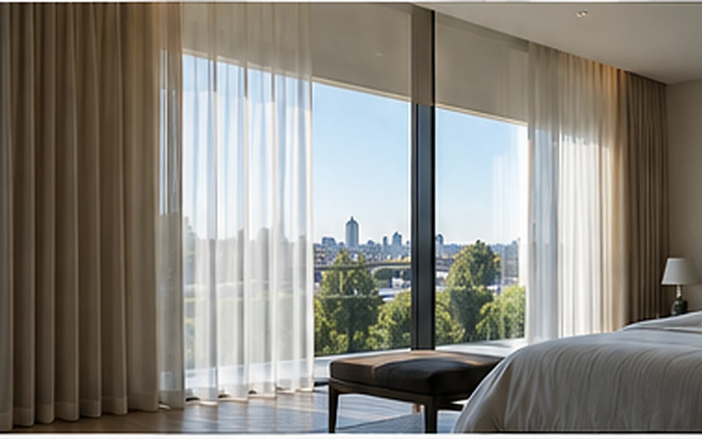 Layered curtains and automated shading controlling daylight in a bedroom