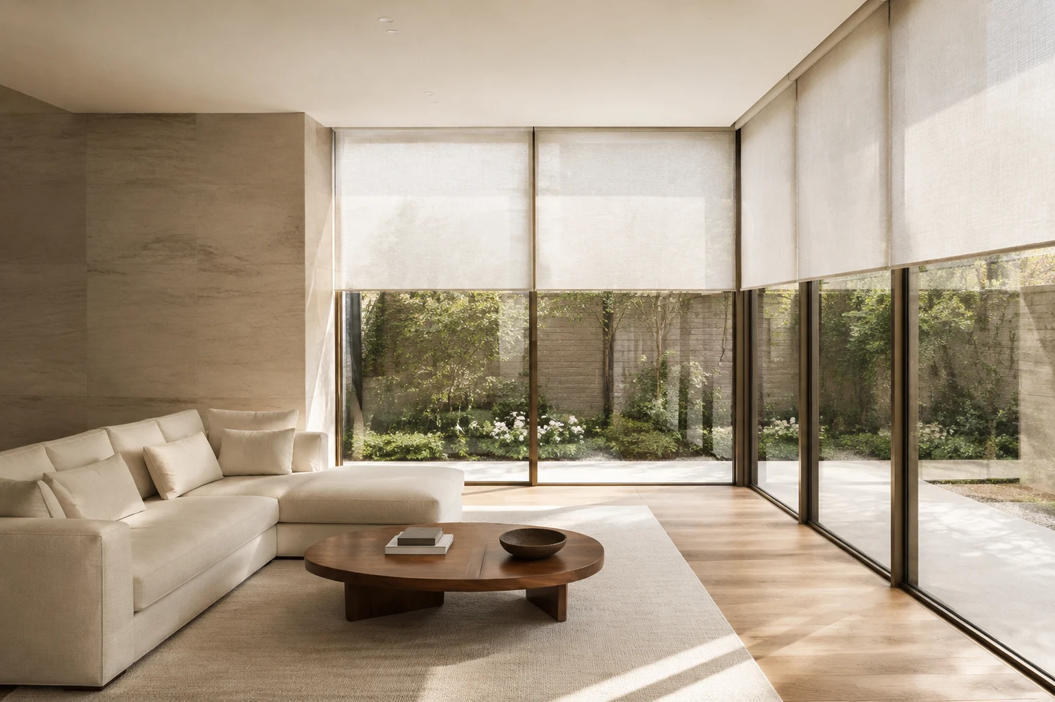 Design inspiration: a living room with aligned roller blinds filtering daylight