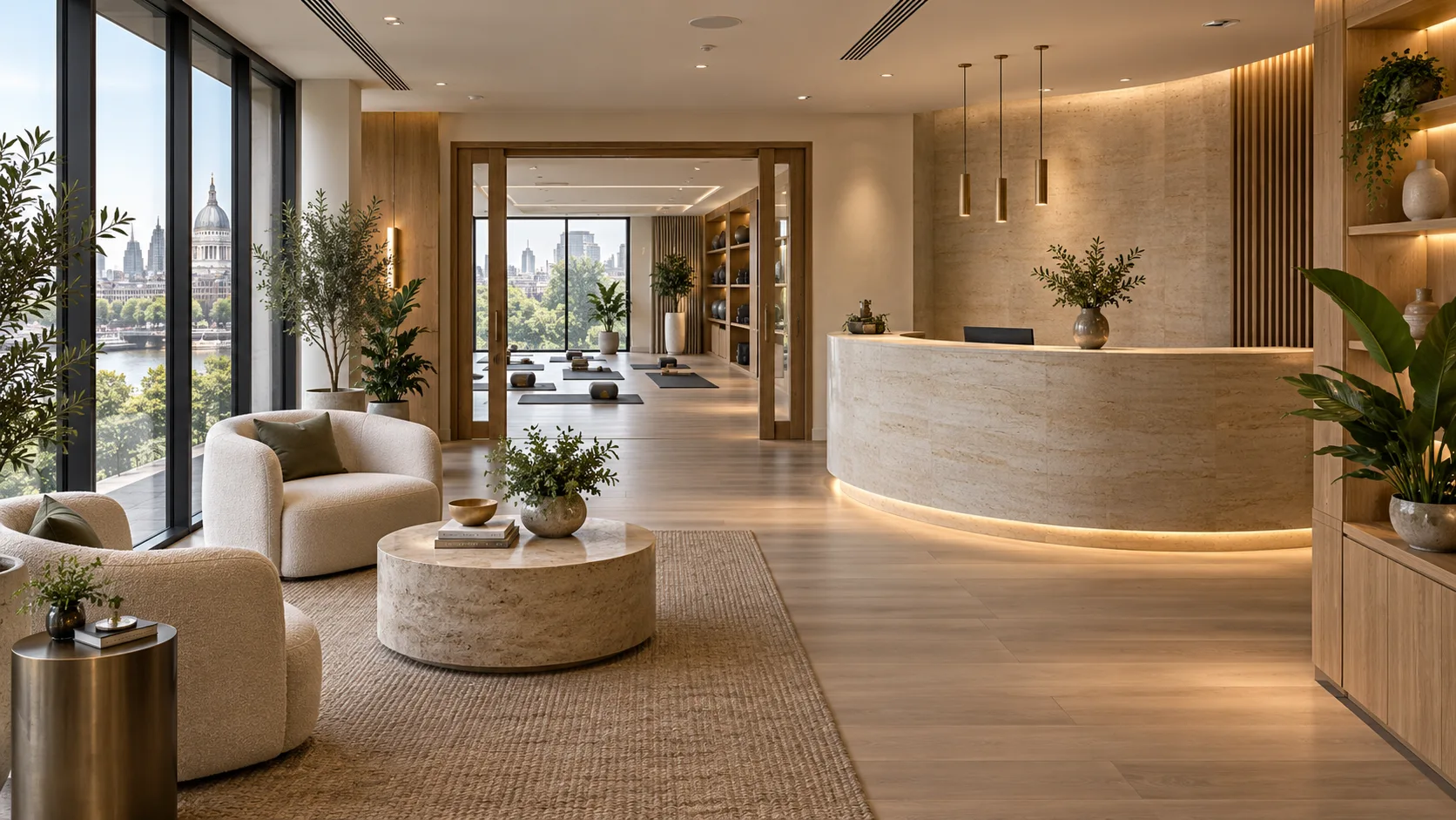 Design illustration of a wellness reception with waiting area and activity studio