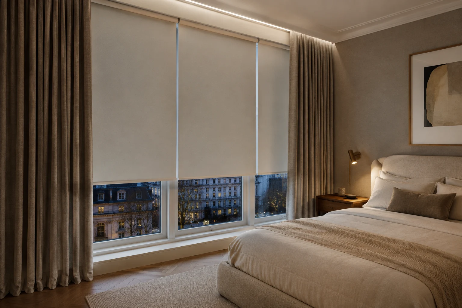 Design inspiration: bedroom roller blinds layered with full-height curtains